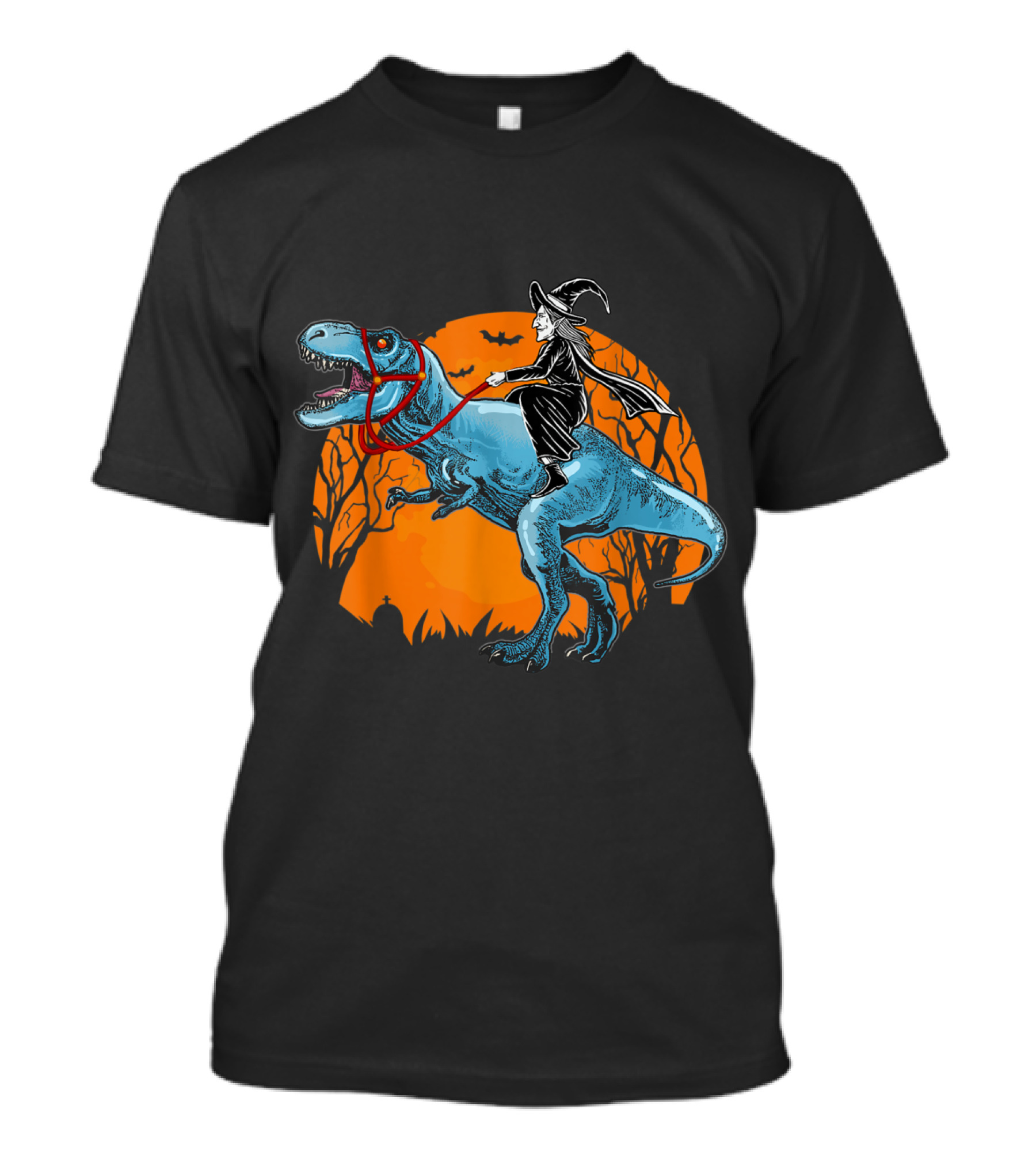 Halloween Witch Riding Dinosaur Rex With Moon Background T-Shirt