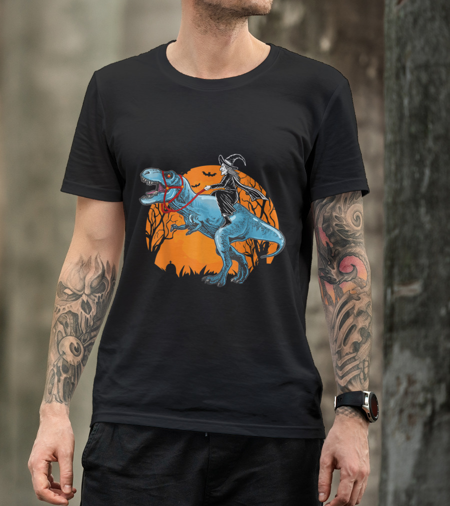 Halloween Witch Riding Dinosaur Rex With Moon Background T-Shirt