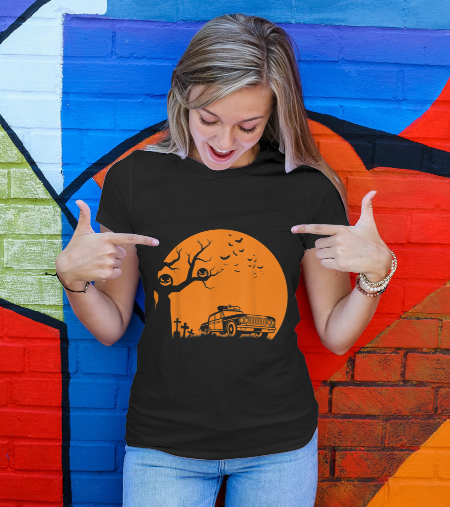 Patrol Officer Spooky Halloween Creepy Police Car Haunted Graveyard Scene T-Shirt