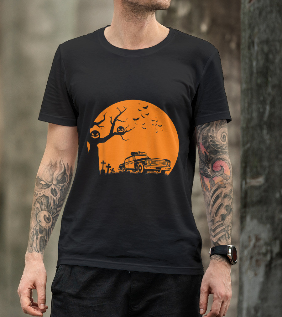 Patrol Officer Spooky Halloween Creepy Police Car Haunted Graveyard Scene T-Shirt