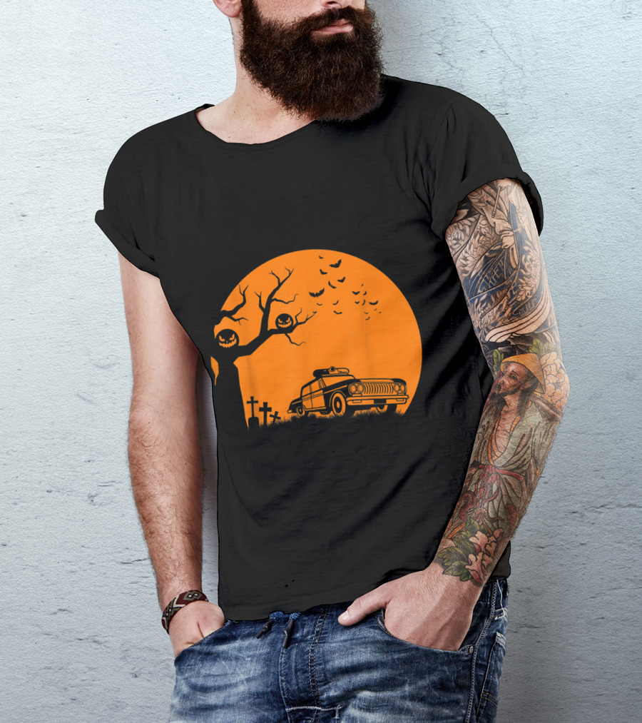 Patrol Officer Spooky Halloween Creepy Police Car Haunted Graveyard Scene T-Shirt