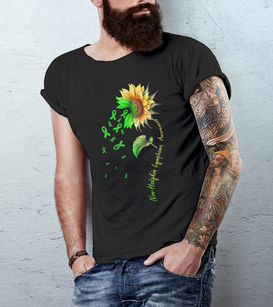 Non-Hodgkin Lymphoma Awareness Sunflower With Green Ribbons T-Shirt