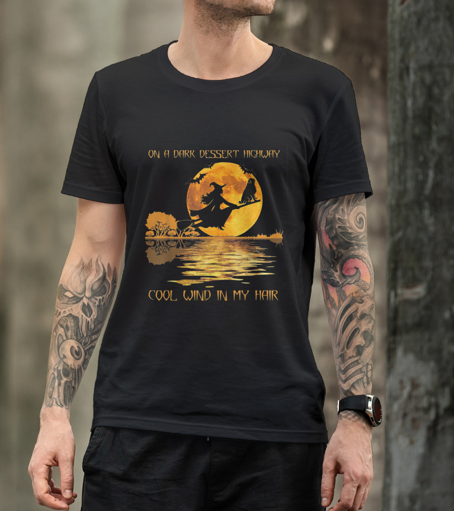 Dark Desert Highway Witch With Cool Wind In Her Hair Under Moonlit Sky T-Shirt