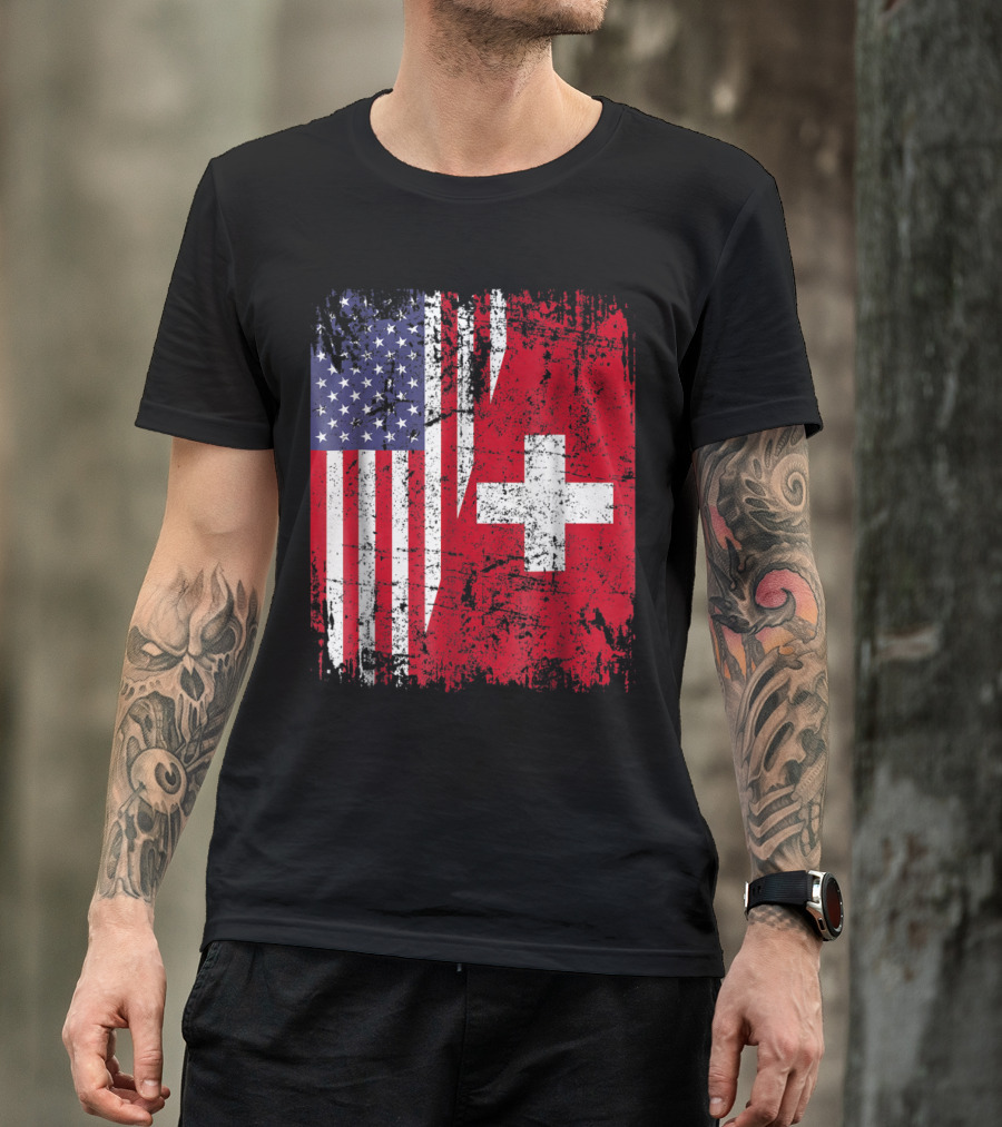 SWISS ROOTS American Flag Grunge Switzerland Cross T-Shirt