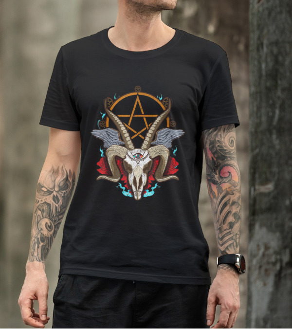 Baphomet Satanic Goat Ram Head With Lucifer Eye And Pentagram T-Shirt