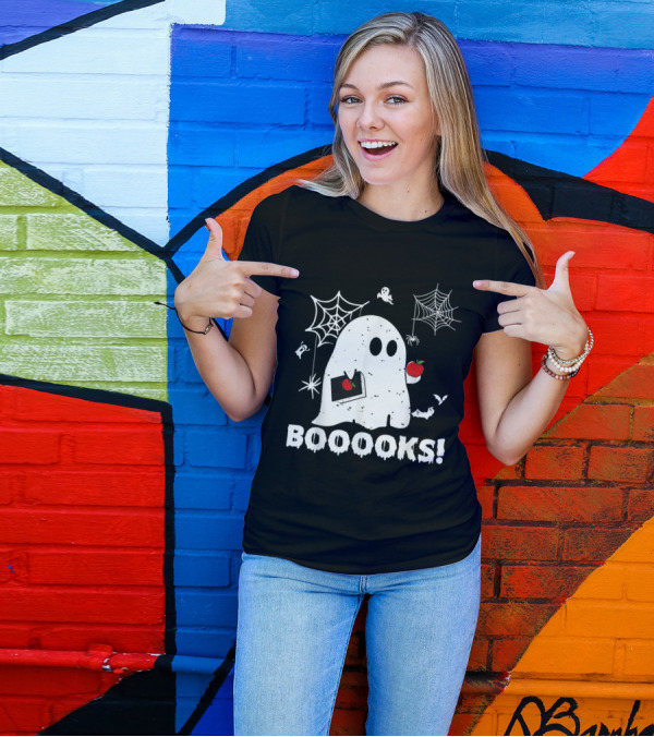 BOOOOKS Ghost Teacher Spider Webs And Apples T-Shirt