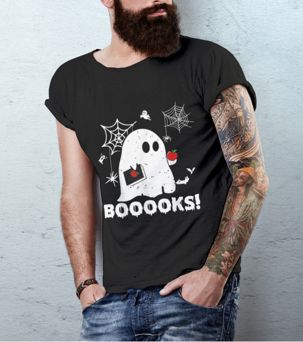 BOOOOKS Ghost Teacher Spider Webs And Apples T-Shirt