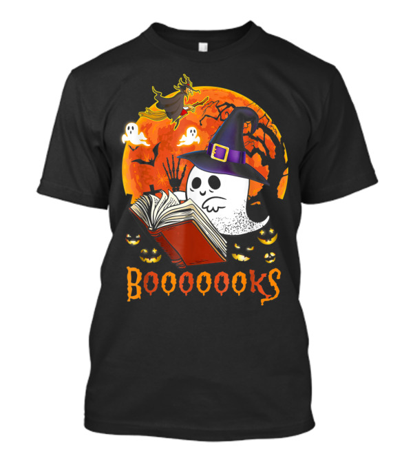 Booooooks Boo Reading Books Halloween Ghost Witch Hat Pumpkins T-Shirt