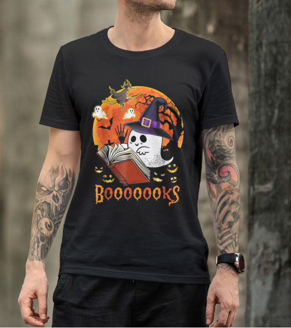 Booooooks Boo Reading Books Halloween Ghost Witch Hat Pumpkins T-Shirt