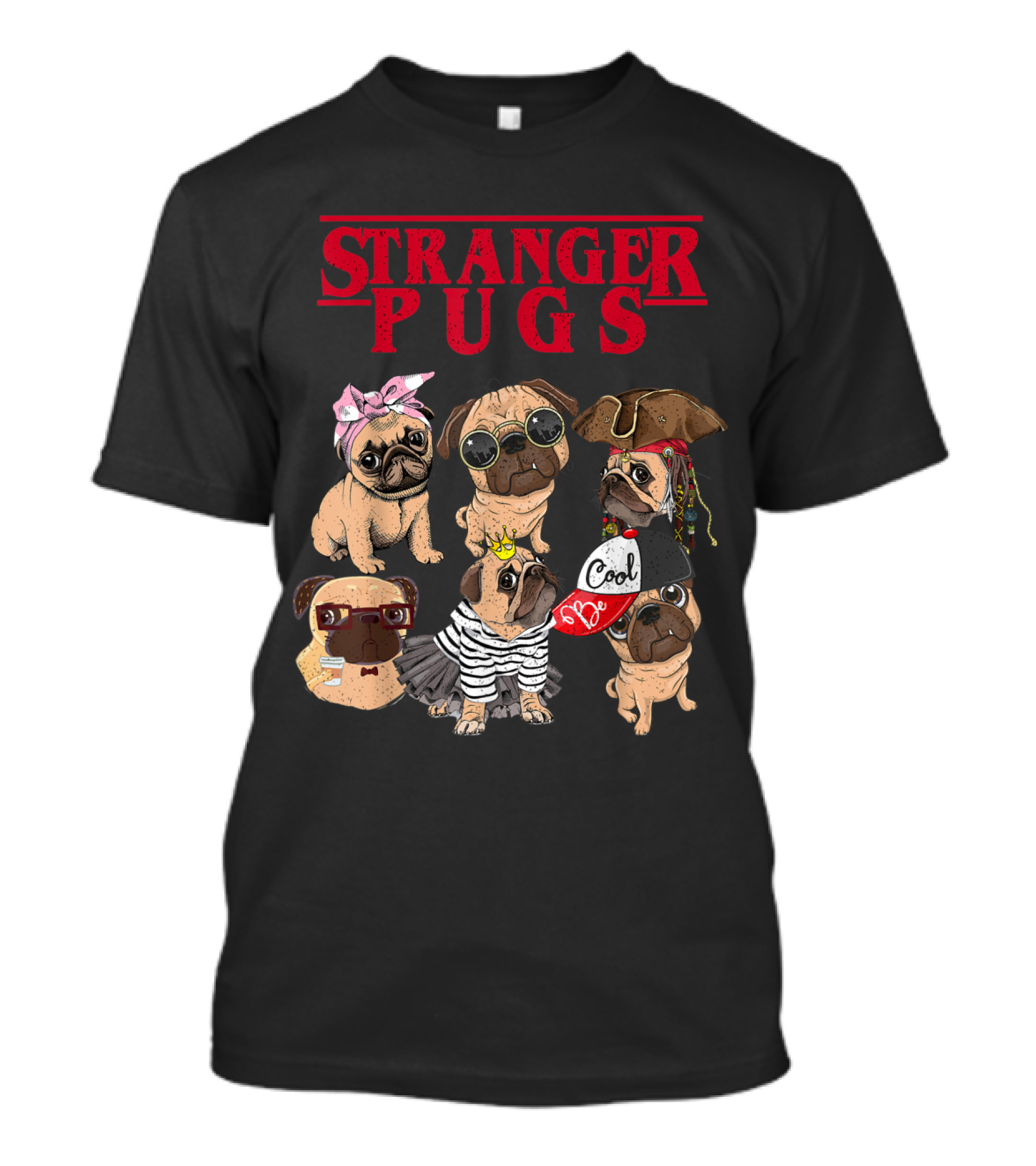 Stranger Pugs Things Flix Cute Pug Characters In Costumes T-Shirt