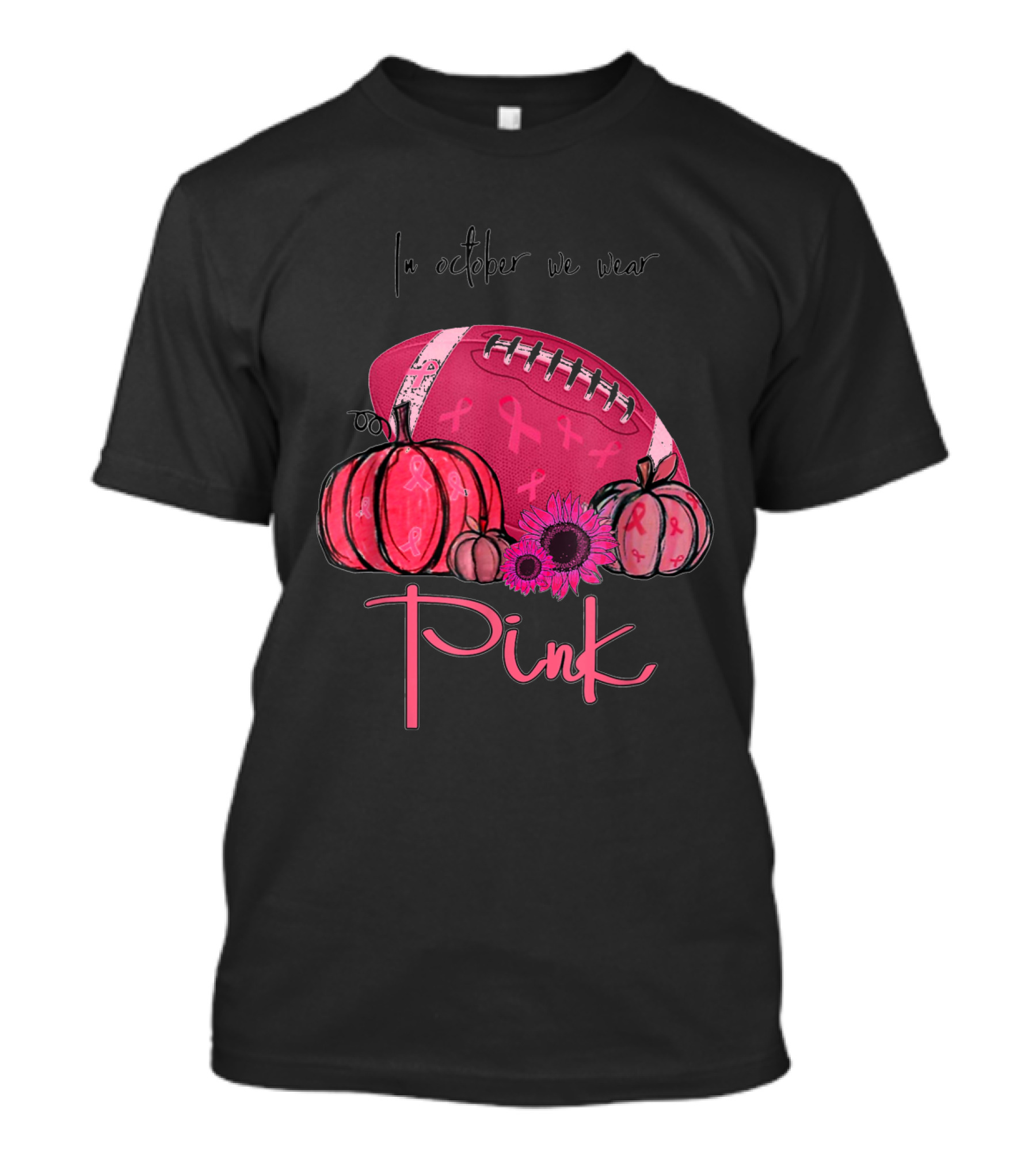 In October We Wear Pink Football Pumpkin Breast Cancer Awareness T-Shirt