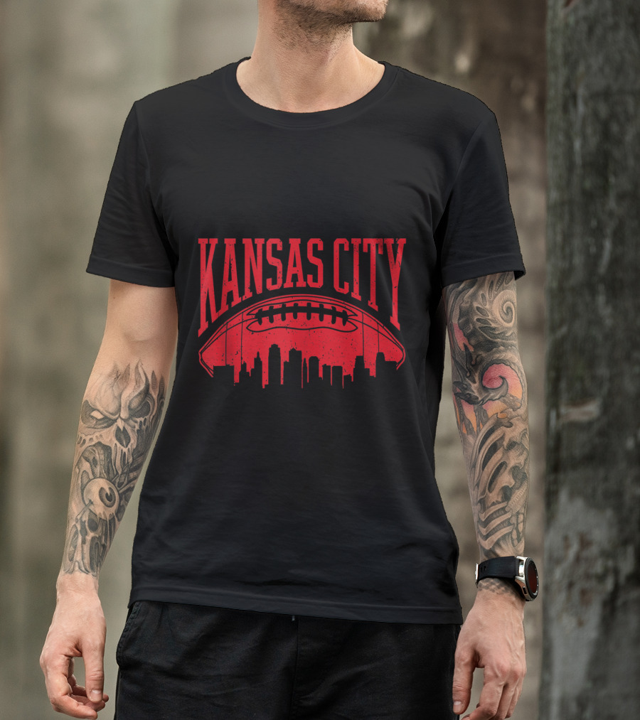 Kansas City Football Vintage KC Skyline Missouri Chief Football Shape T-Shirt