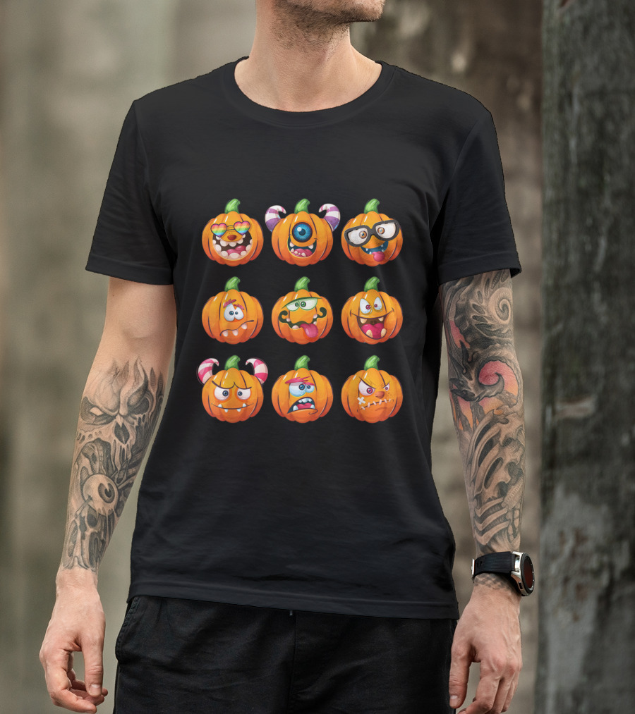 Pumpkin Face Emoticon Monsters With Glasses And Cyclops Expressions T-Shirt