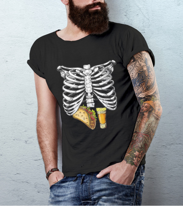 Skeleton Pregnancy Halloween Tacos And Tequila Husband Fun Festive Ribcage T-Shirt