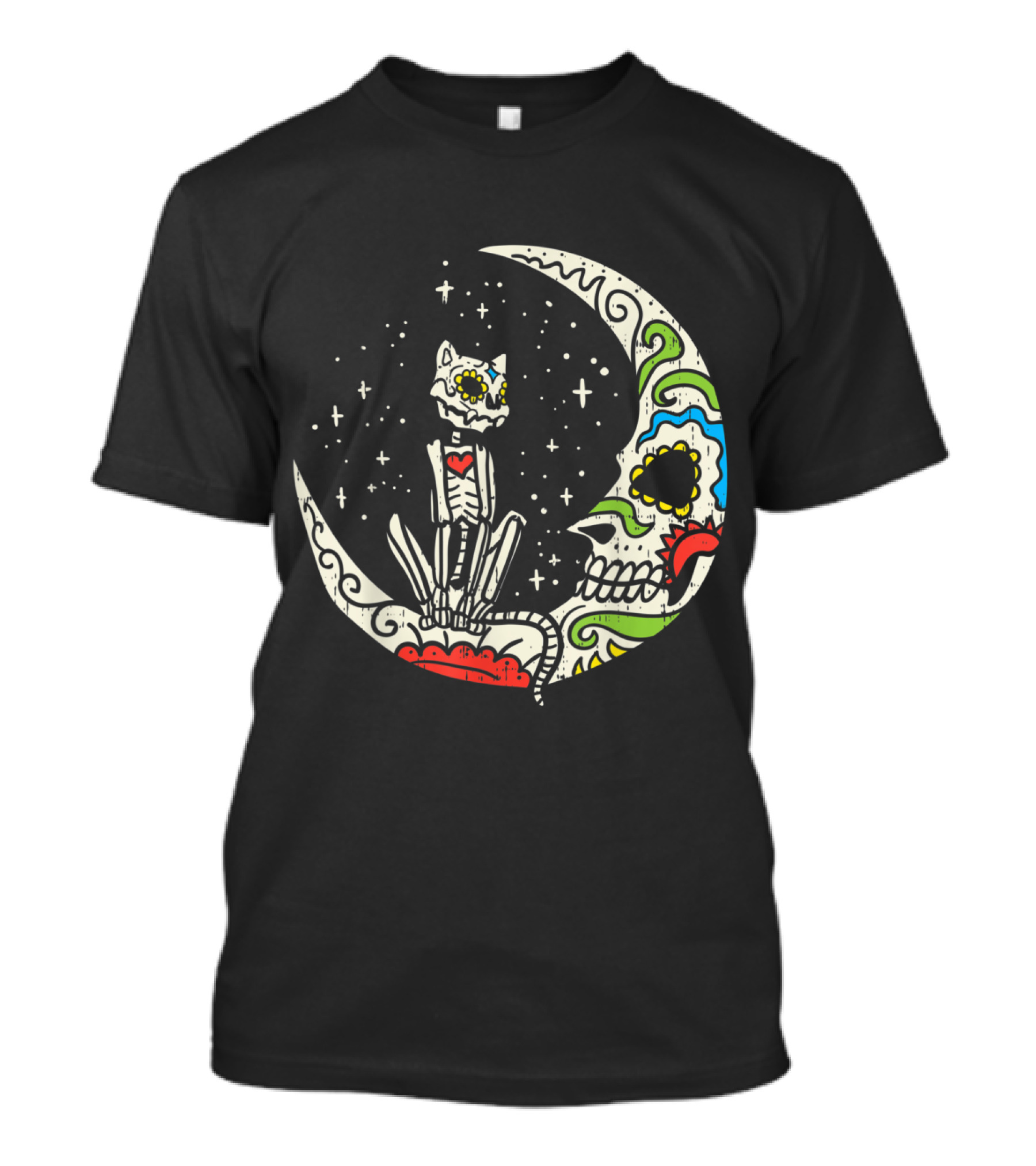 Sugar Skull Cat Moon Stars Dia De Los Muertos T-Shirt