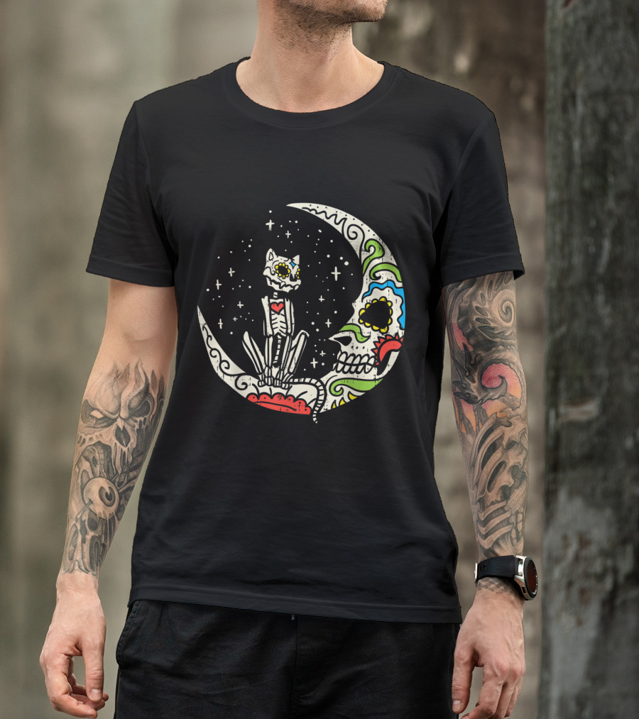 Sugar Skull Cat Moon Stars Dia De Los Muertos T-Shirt