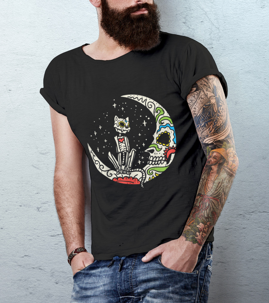 Sugar Skull Cat Moon Stars Dia De Los Muertos T-Shirt