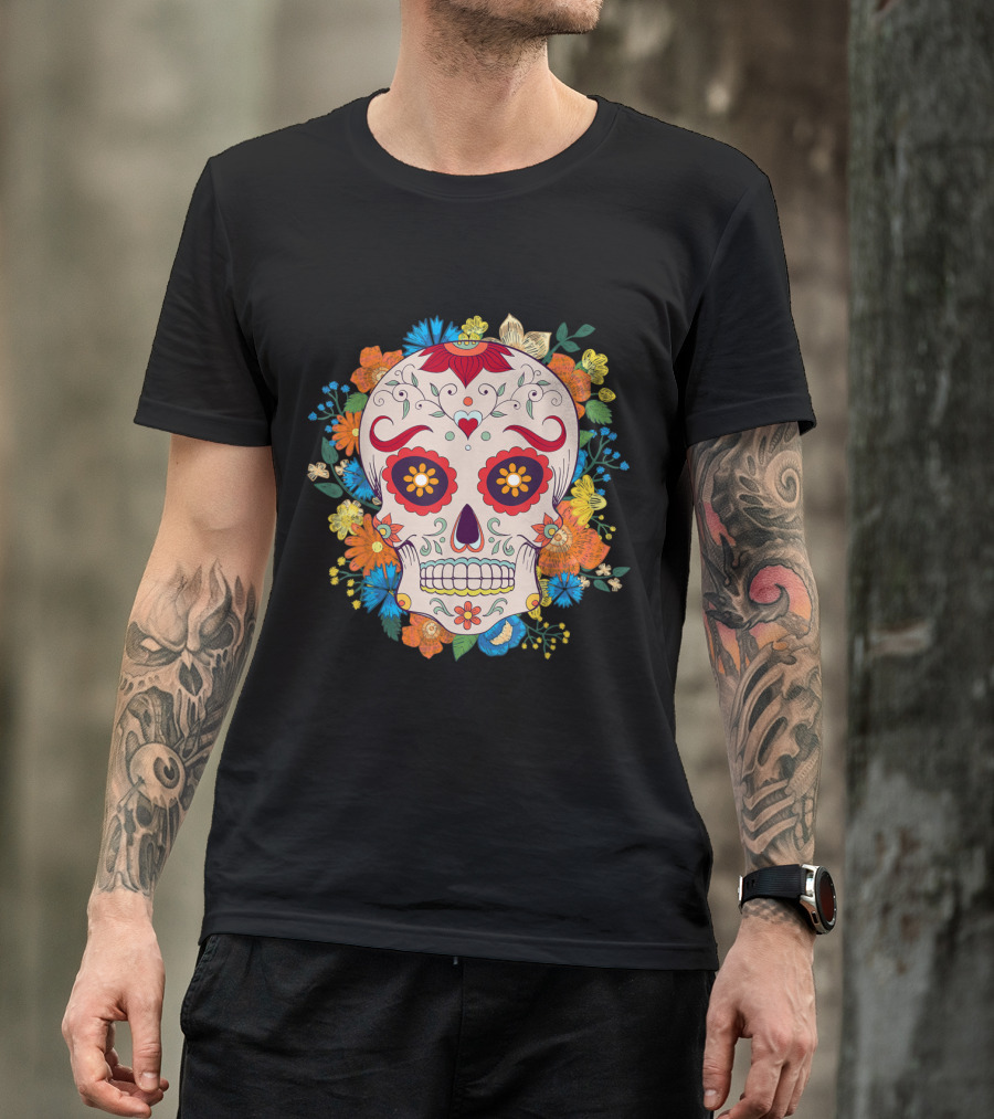 Suger Skull Floral Dia De Los Muertos Day Of The Death T-Shirt