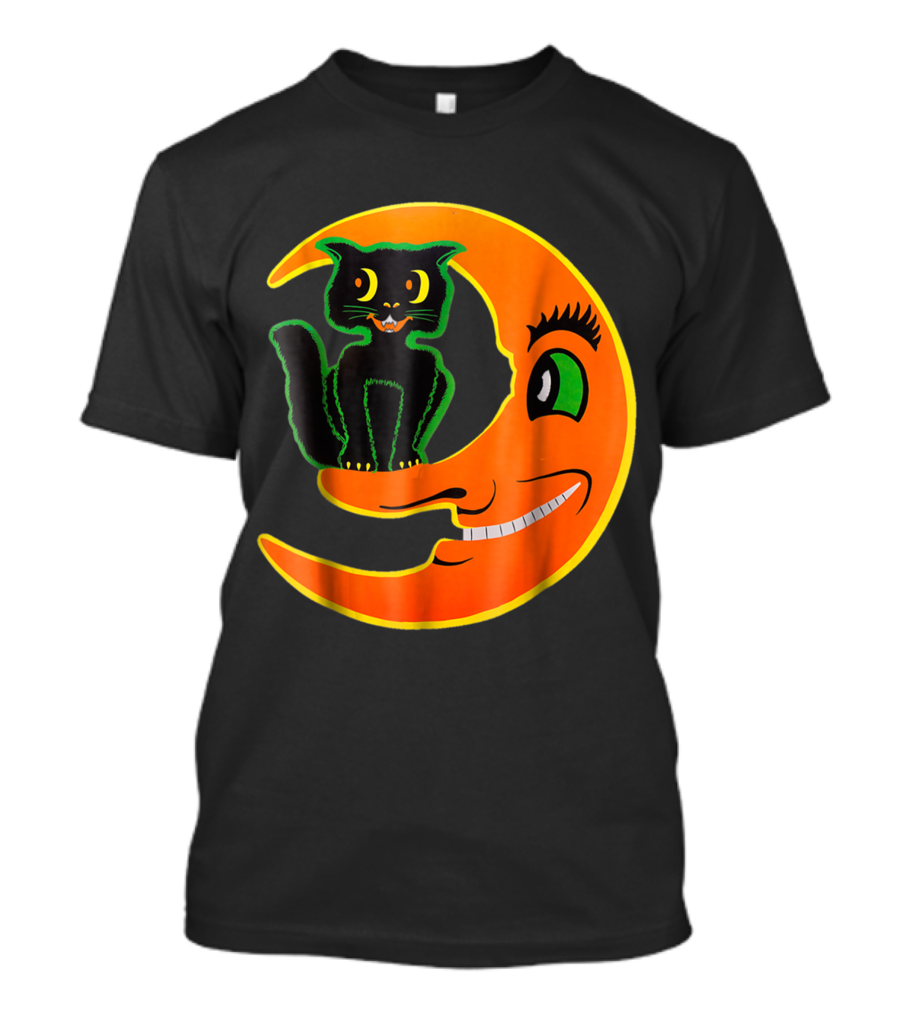 Vintage Halloween Black Cat Sitting On Smiling Crescent Moon Beistle Horror T-Shirt