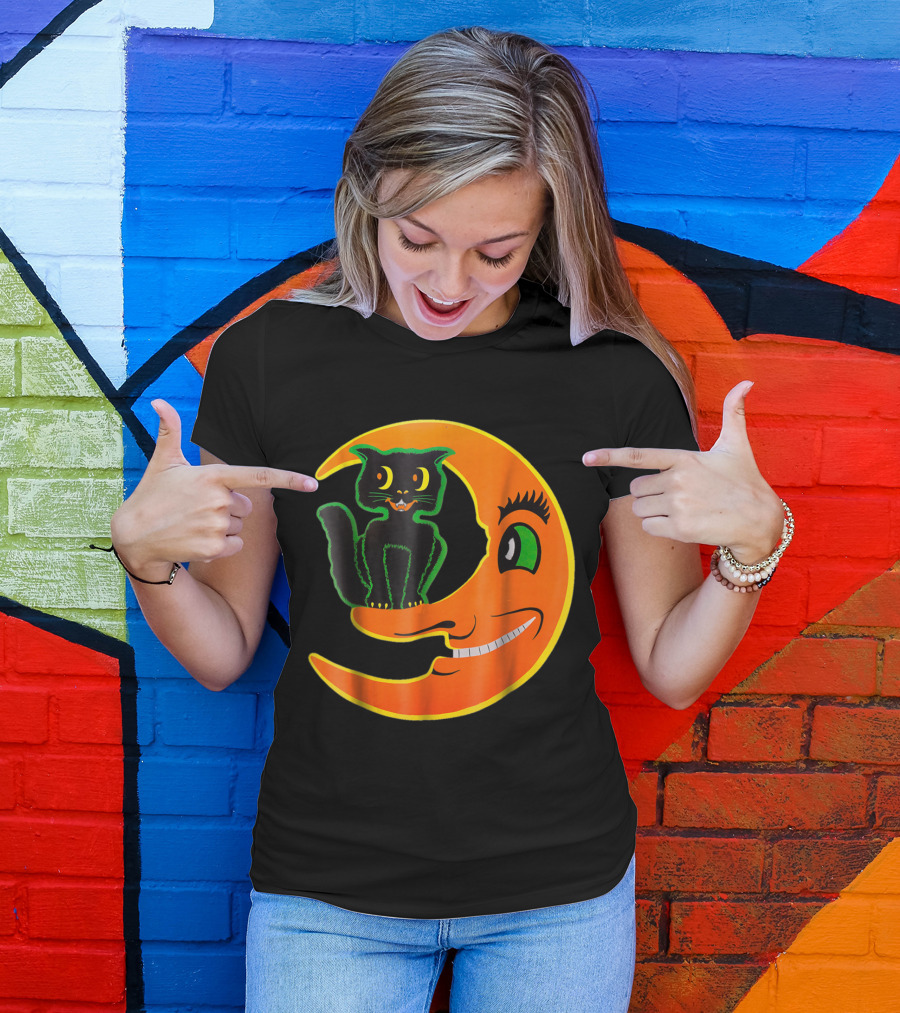 Vintage Halloween Black Cat Sitting On Smiling Crescent Moon Beistle Horror T-Shirt