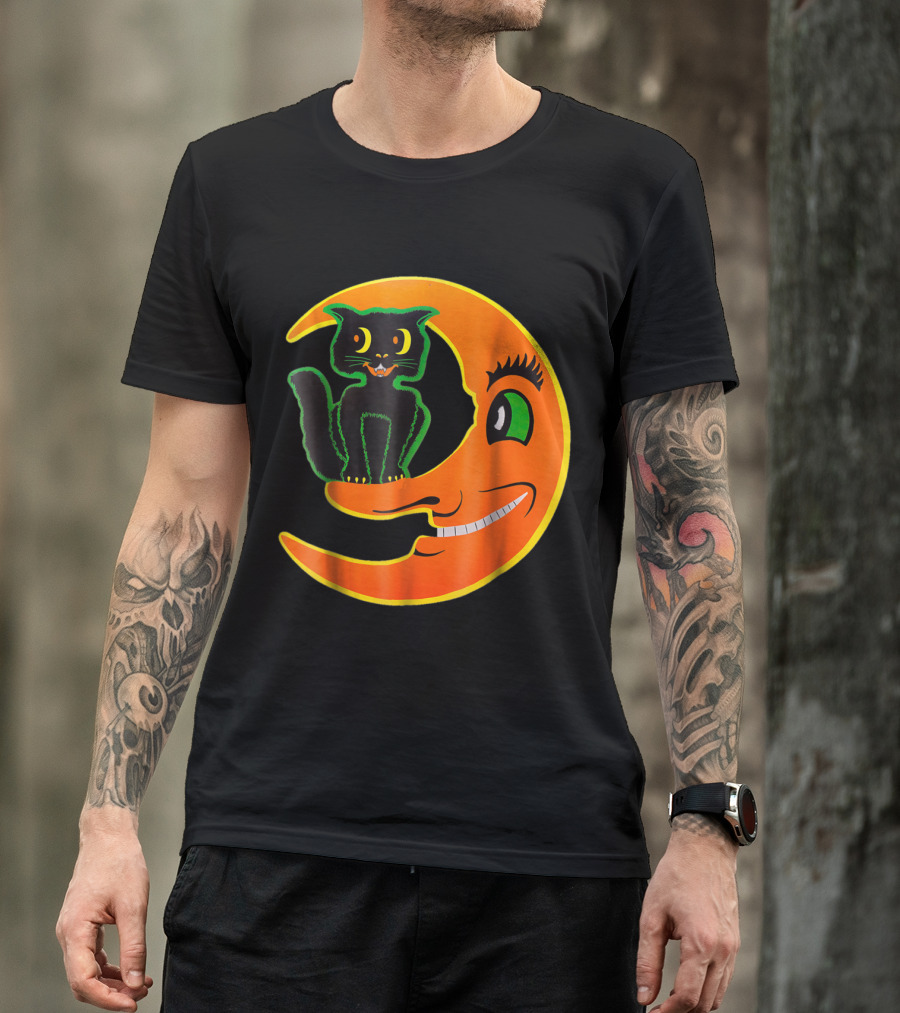 Vintage Halloween Black Cat Sitting On Smiling Crescent Moon Beistle Horror T-Shirt