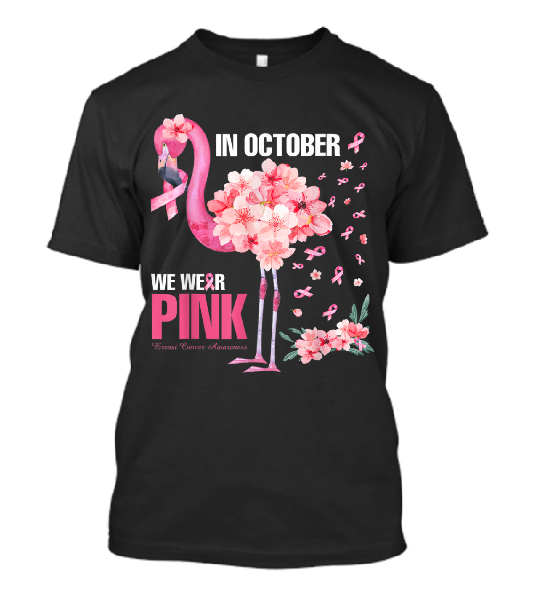 In October We Wear Pink Cherry Blossom Flamingo Breast Cancer Awareness T-Shirt