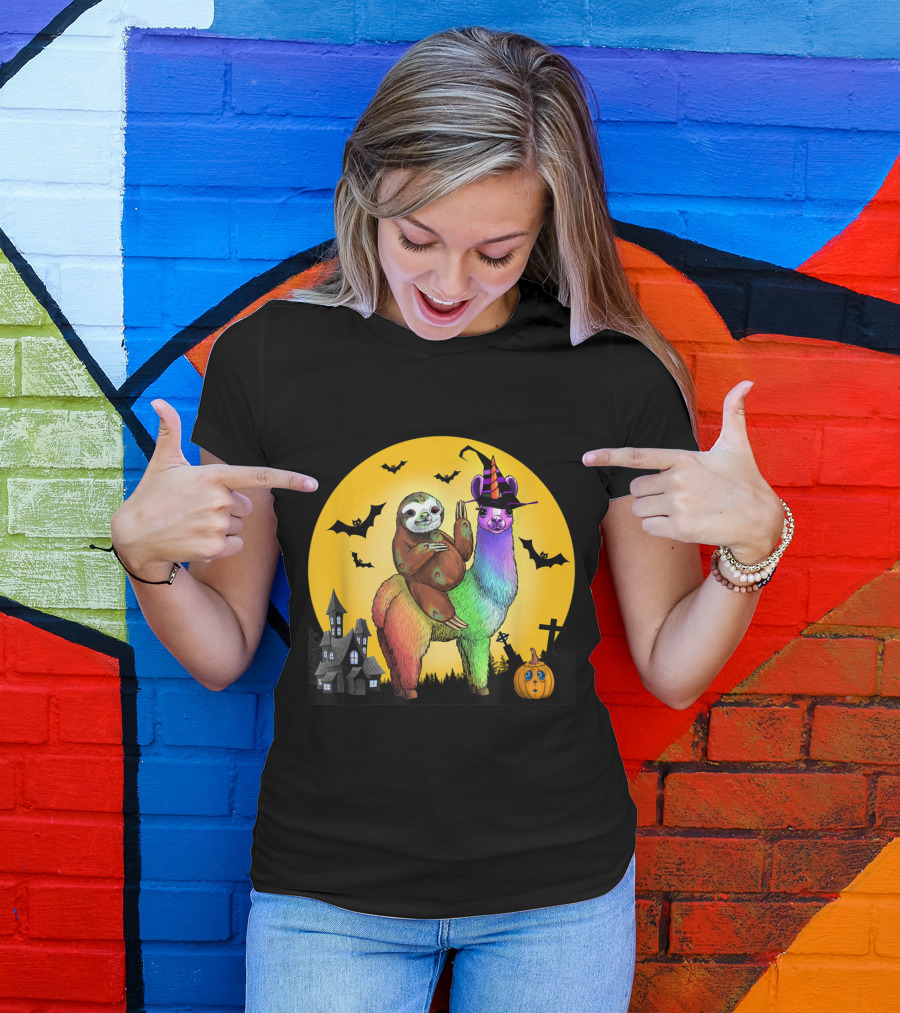 Zombie Sloth Riding Rainbow Llama Unicorn Witch Night With Bats And Haunted House T-Shirt