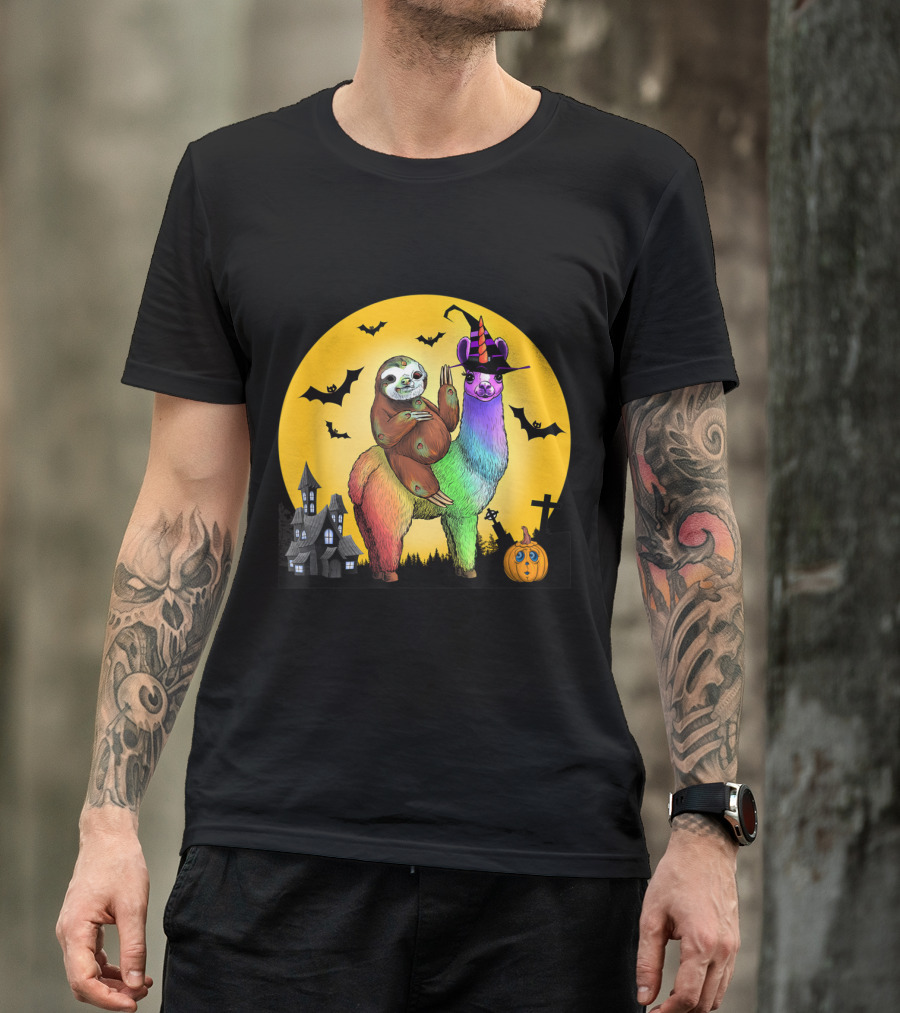 Zombie Sloth Riding Rainbow Llama Unicorn Witch Night With Bats And Haunted House T-Shirt