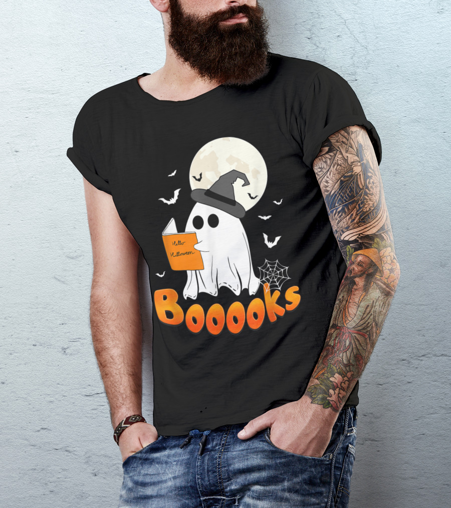 Boooooks Ghost Reading Hello Halloween T-Shirt
