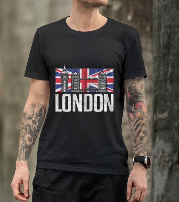 London British Vintage United Kingdom England Souvenir Big Ben Tower Bridge Union Jack T-Shirt