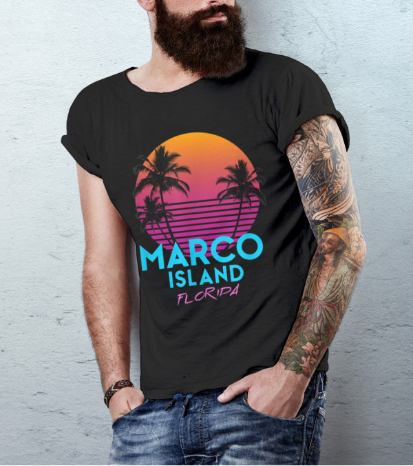 Marco Island Florida Retro 80s Sunset Palm Trees T-Shirt
