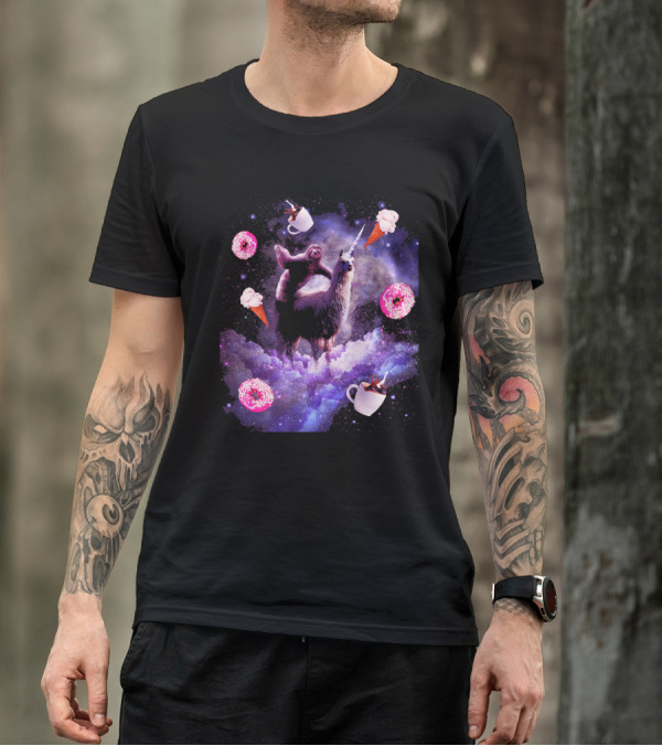 Outer Space Sloth Riding Llama Unicorn With Donut Coffee And Ice Cream Galaxy T-Shirt