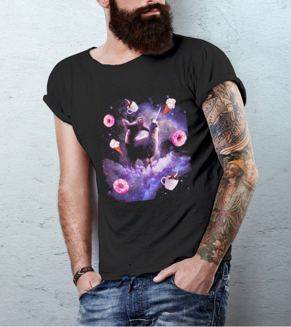 Outer Space Sloth Riding Llama Unicorn With Donut Coffee And Ice Cream Galaxy T-Shirt