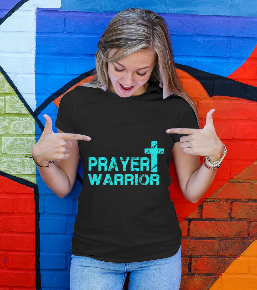 Prayer Warrior Distressed Cross Christian Faith T-Shirt