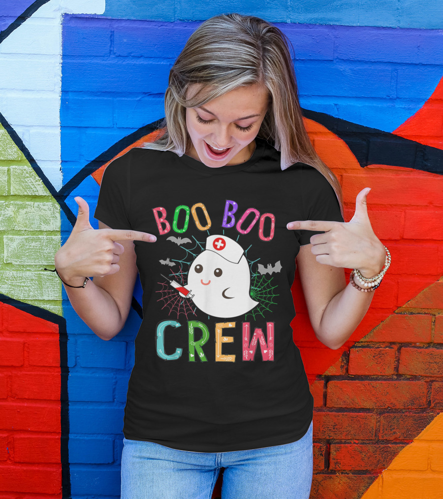Boo Boo Crew Halloween Ghost Nurse With Bats And Spider Webs T-Shirt