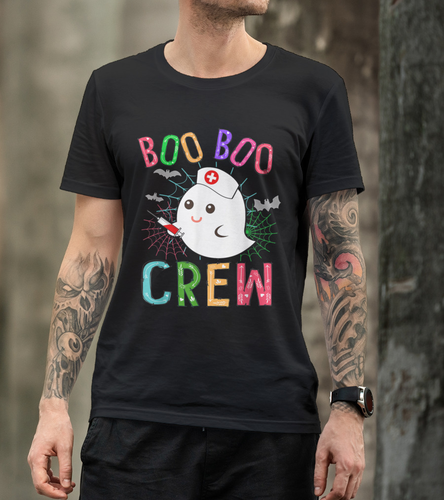 Boo Boo Crew Halloween Ghost Nurse With Bats And Spider Webs T-Shirt