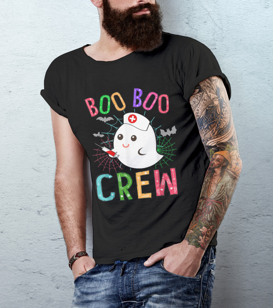 Boo Boo Crew Halloween Ghost Nurse With Bats And Spider Webs T-Shirt
