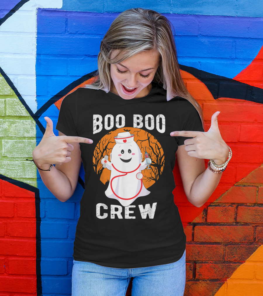 Boo Boo Crew Nurse Ghost Halloween Outfit With Bandage And Syringe T-Shirt