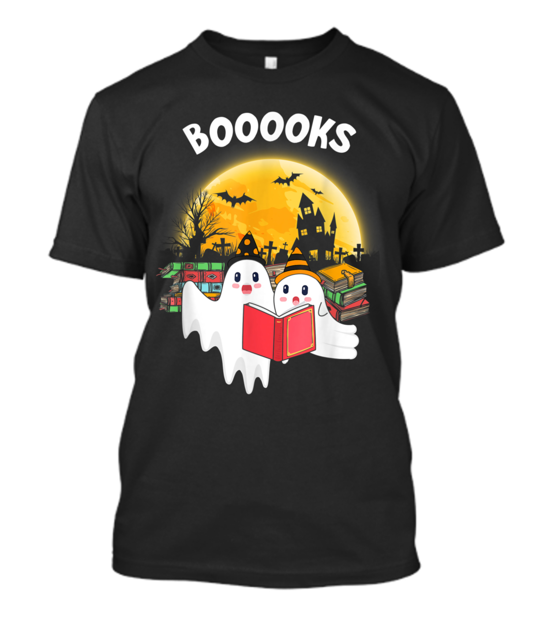BOOOOKS Ghosts Reading Books Halloween Night Moon Bats Spooky Scene T-Shirt