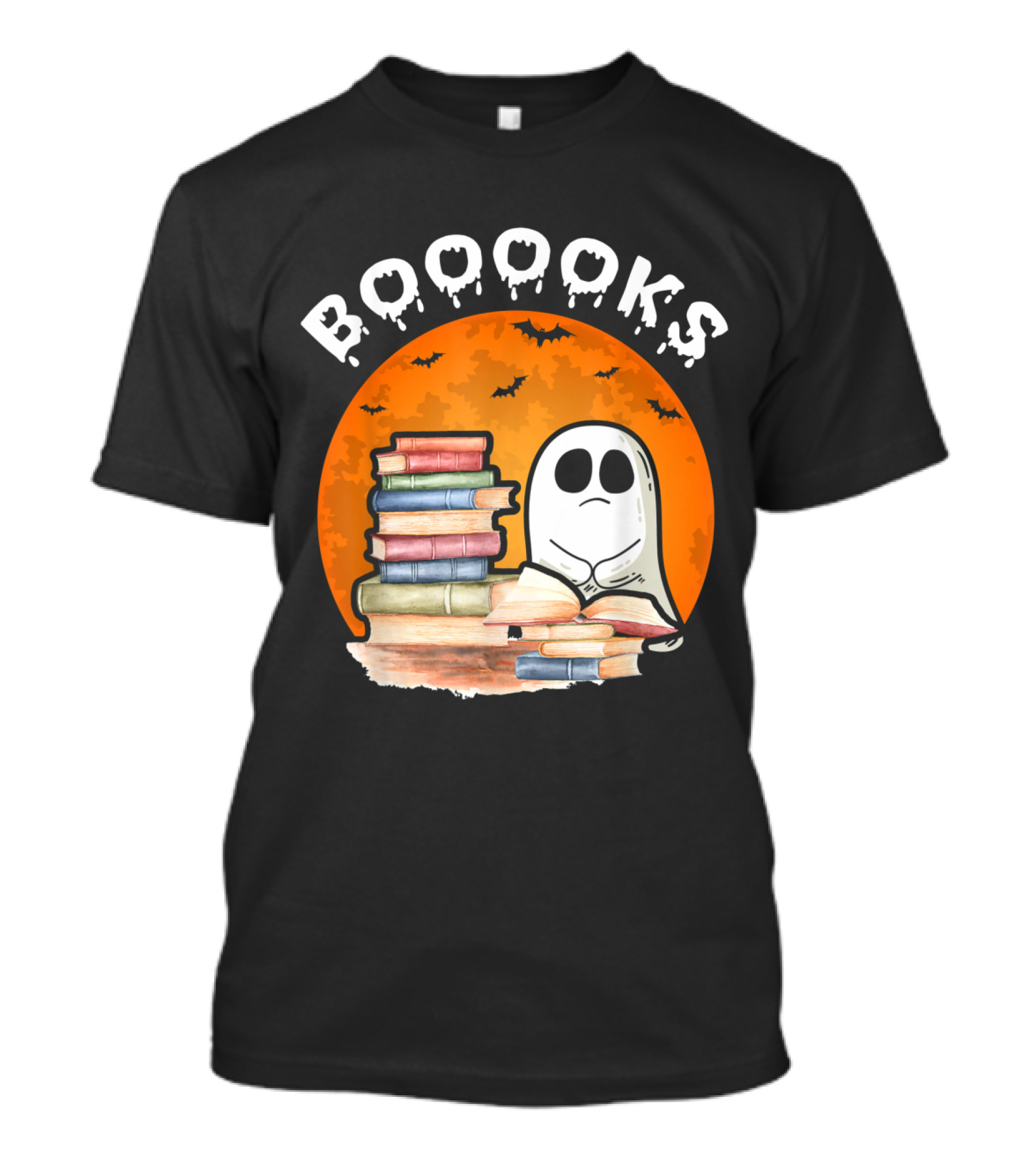 BOOOKS Ghost Reading Books With Halloween Moon And Bats T-Shirt