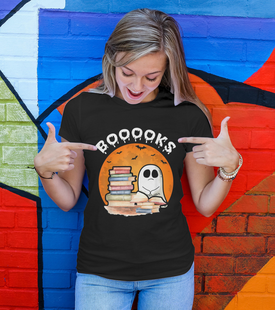 BOOOKS Ghost Reading Books With Halloween Moon And Bats T-Shirt