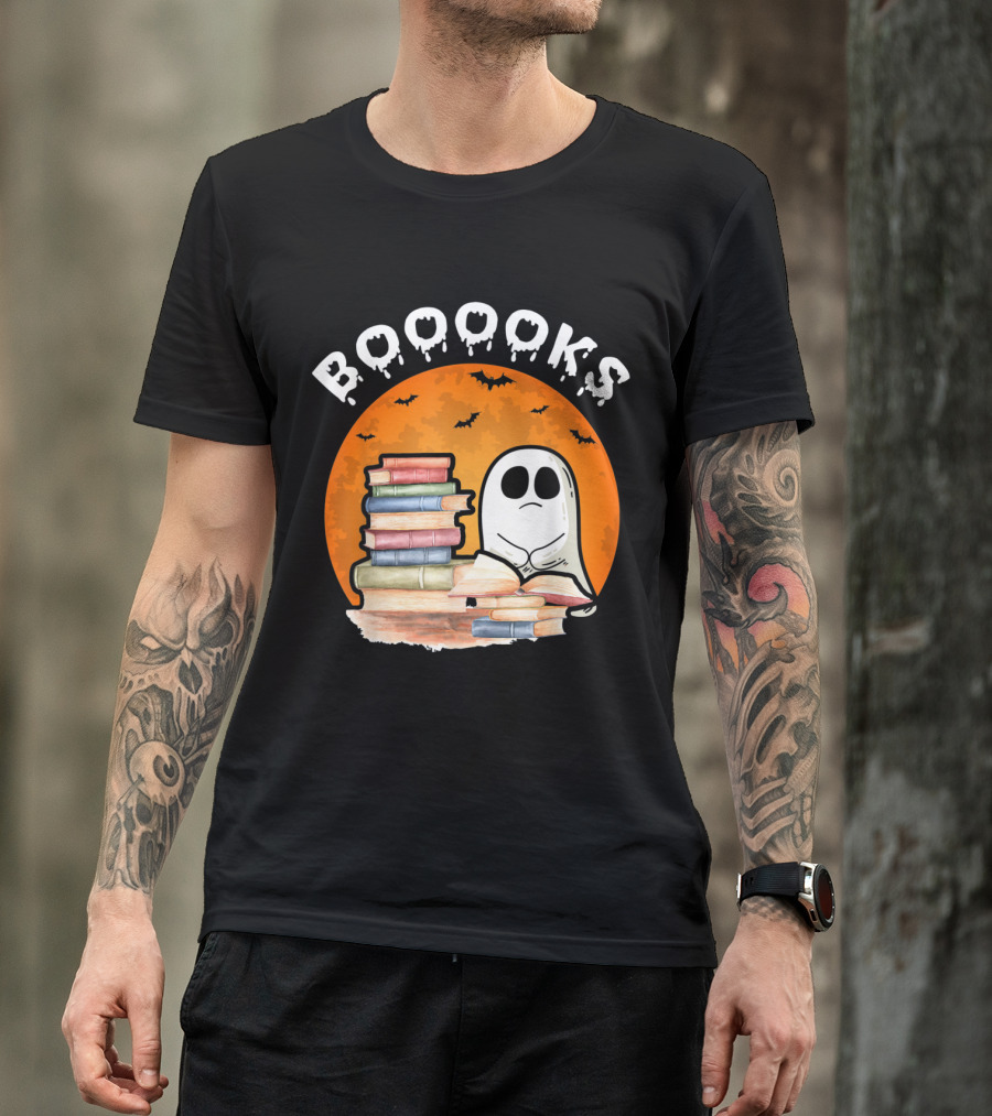 BOOOKS Ghost Reading Books With Halloween Moon And Bats T-Shirt