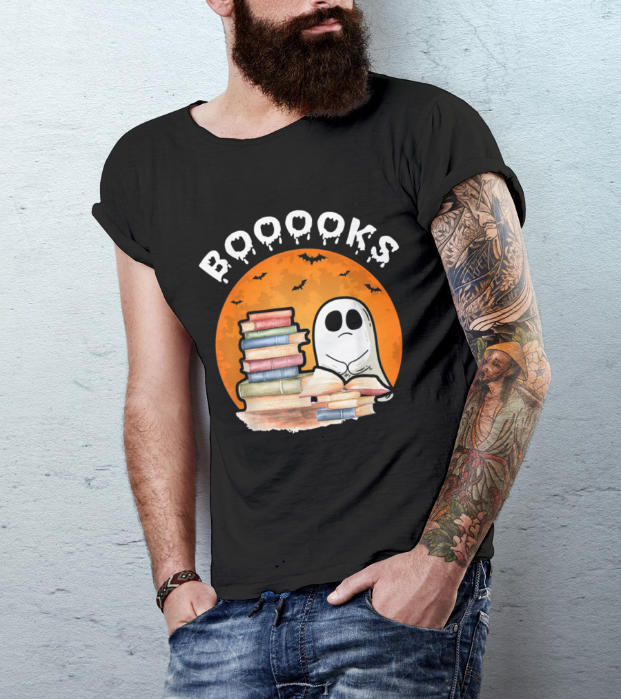 BOOOKS Ghost Reading Books With Halloween Moon And Bats T-Shirt