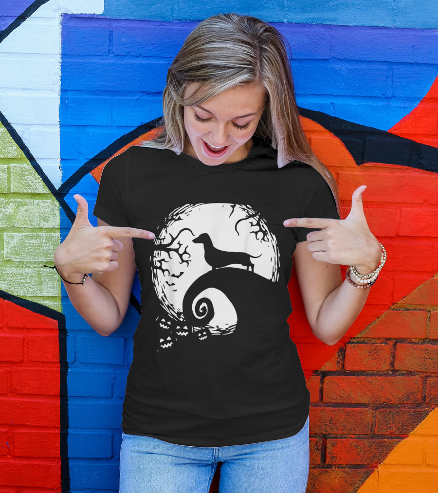 Dachshund Standing On Spiral Hill With Full Moon And Halloween Theme For Dachshund Lovers T-Shirt