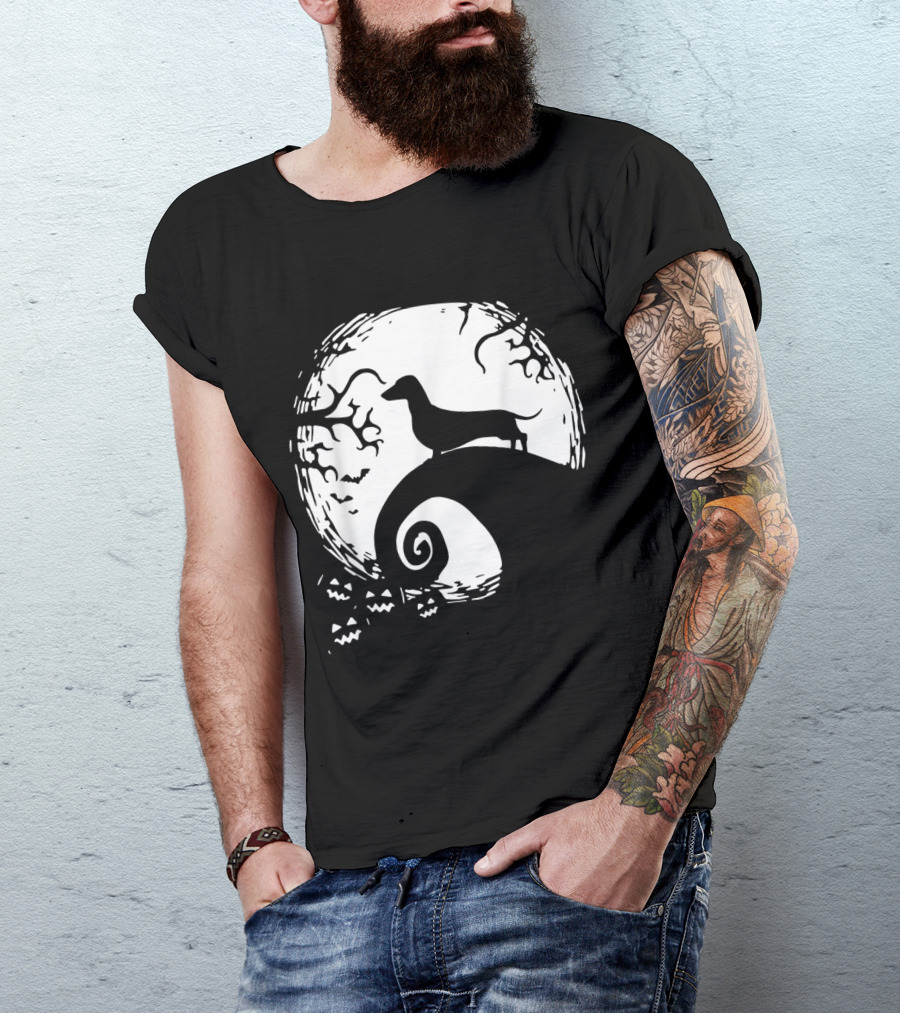 Dachshund Standing On Spiral Hill With Full Moon And Halloween Theme For Dachshund Lovers T-Shirt