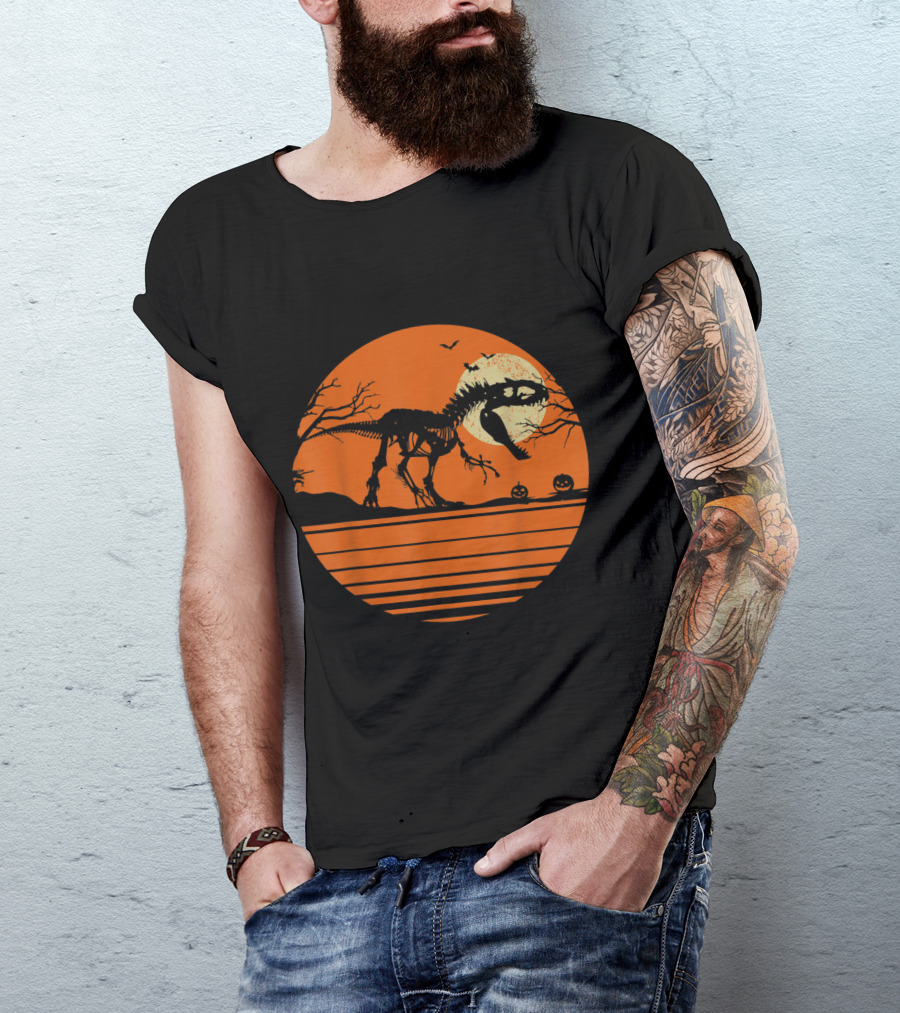 Spooky Dinosaur Rex Silhouette With Pumpkins Halloween T-Shirt
