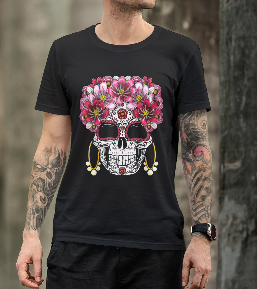 Floral Sugar Skull Dia De Muertos Day Of The Dead T-Shirt