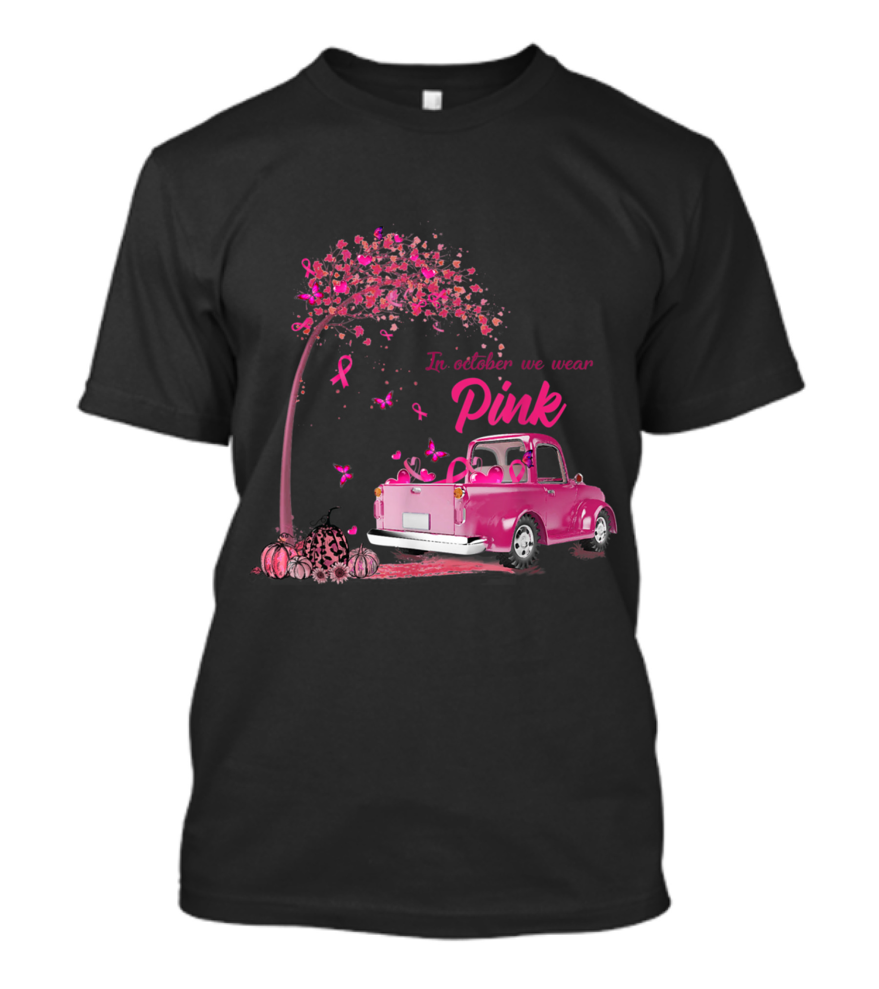 In October We Wear Pink Truck Breast Cancer Awareness Tree Pumpkins Ribbons T-Shirt