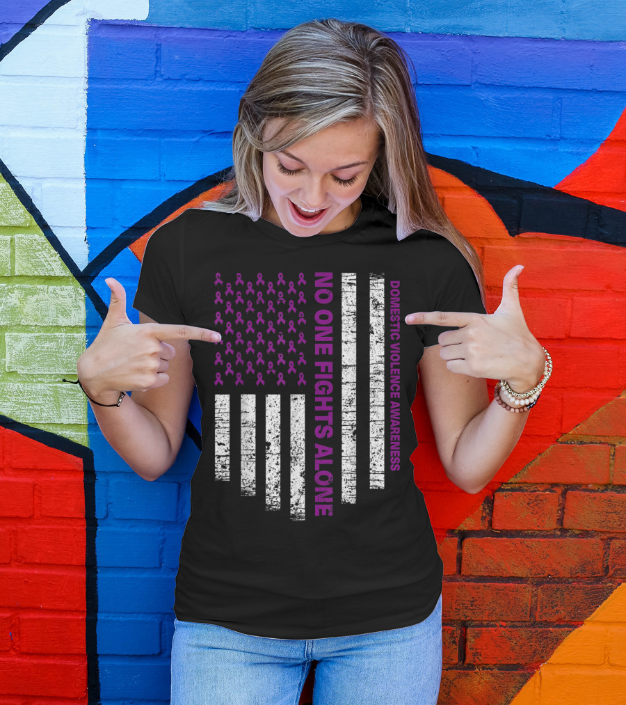 No One Fights Alone Domestic Violence Awareness USA Flag Purple T-Shirt