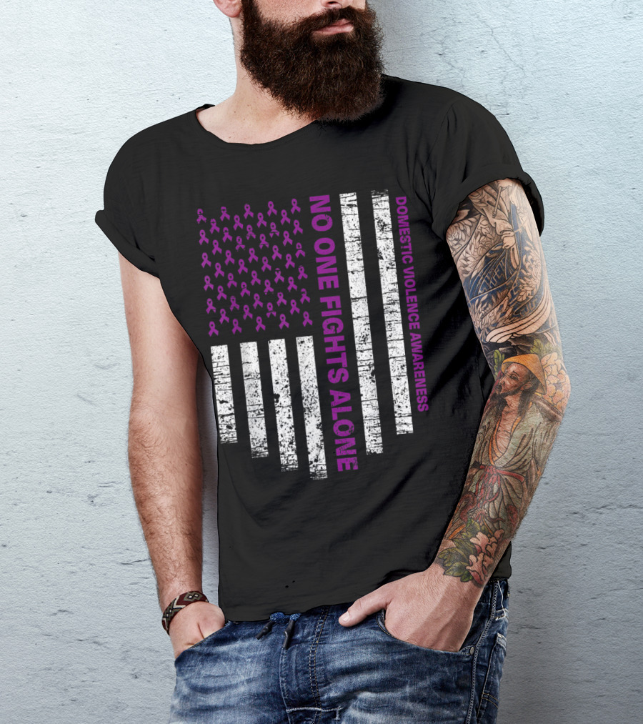 No One Fights Alone Domestic Violence Awareness USA Flag Purple T-Shirt